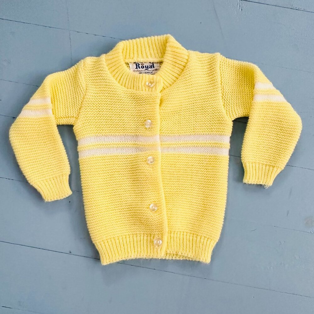 Vintage 1950s Royal Baby Sweater Unisex Yellow with White Stripe Cardigan Sweate
